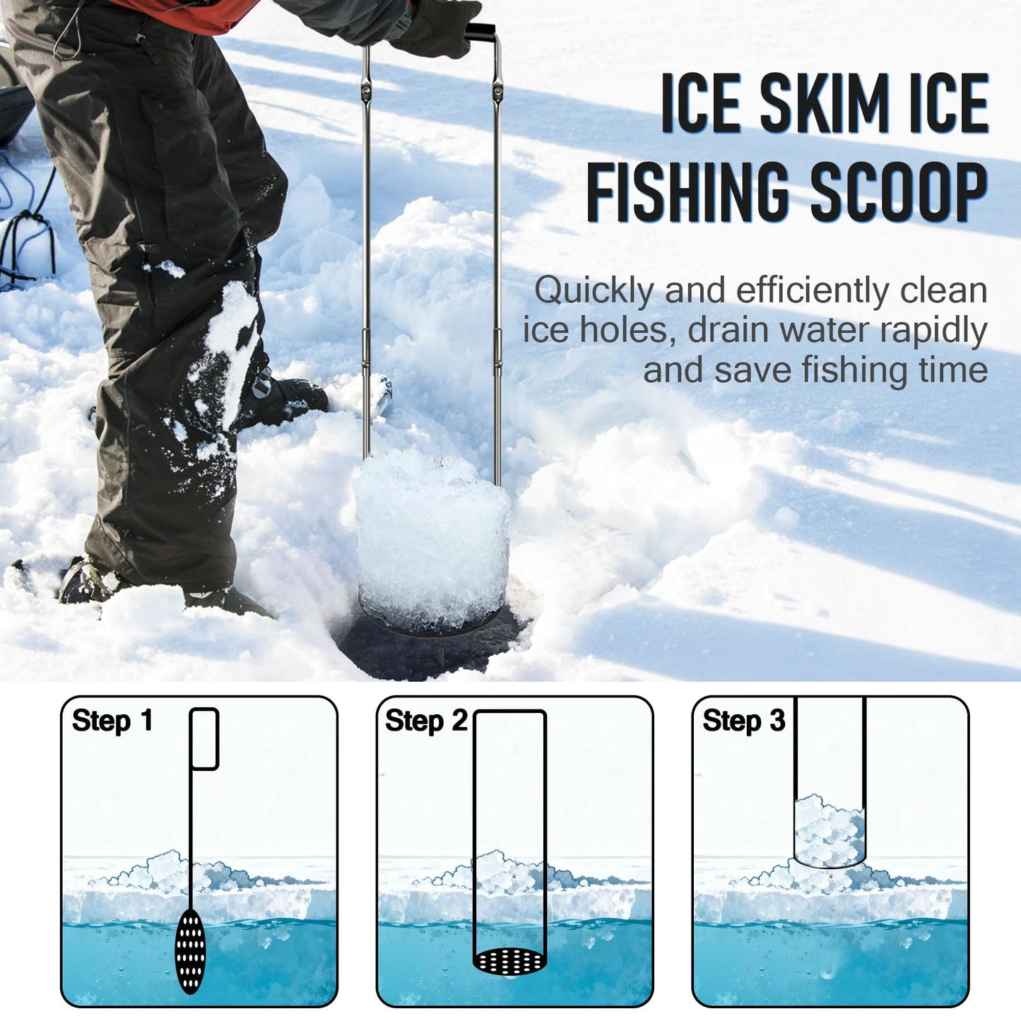 Jarquia Ice Fishing Gear Ice Skimmer for 6" Ice Augers Hole Cleaner,Foldable Ice Fishing Scoop with 35" Uprights,Aluminum Ice Fishing Accessories