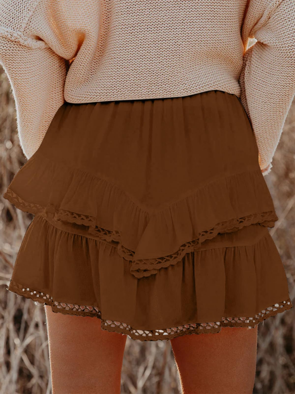 Aoudery Flowy Shorts for Women Casual Boho Ruffle Tiered Skorts High Waist Mini Skirts Golf Tennis Butterfly Crochet Shorts - Brown XS