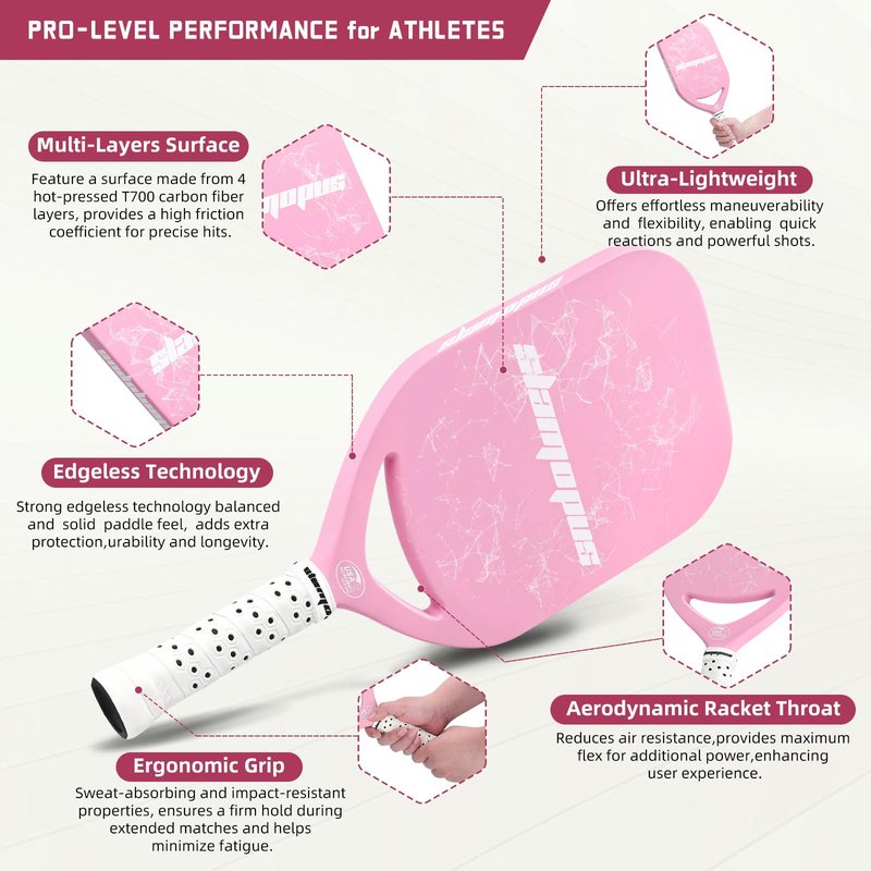 Slamopus Pro Pickleball Paddle| T700 Carbon Fiber Pickleball Paddles with 16mm Polymer Honeycomb Core & Overgrips| Premium Pickle Ball Racket Enhanced Control & Spin & Power| USAPA Approved（Pink）