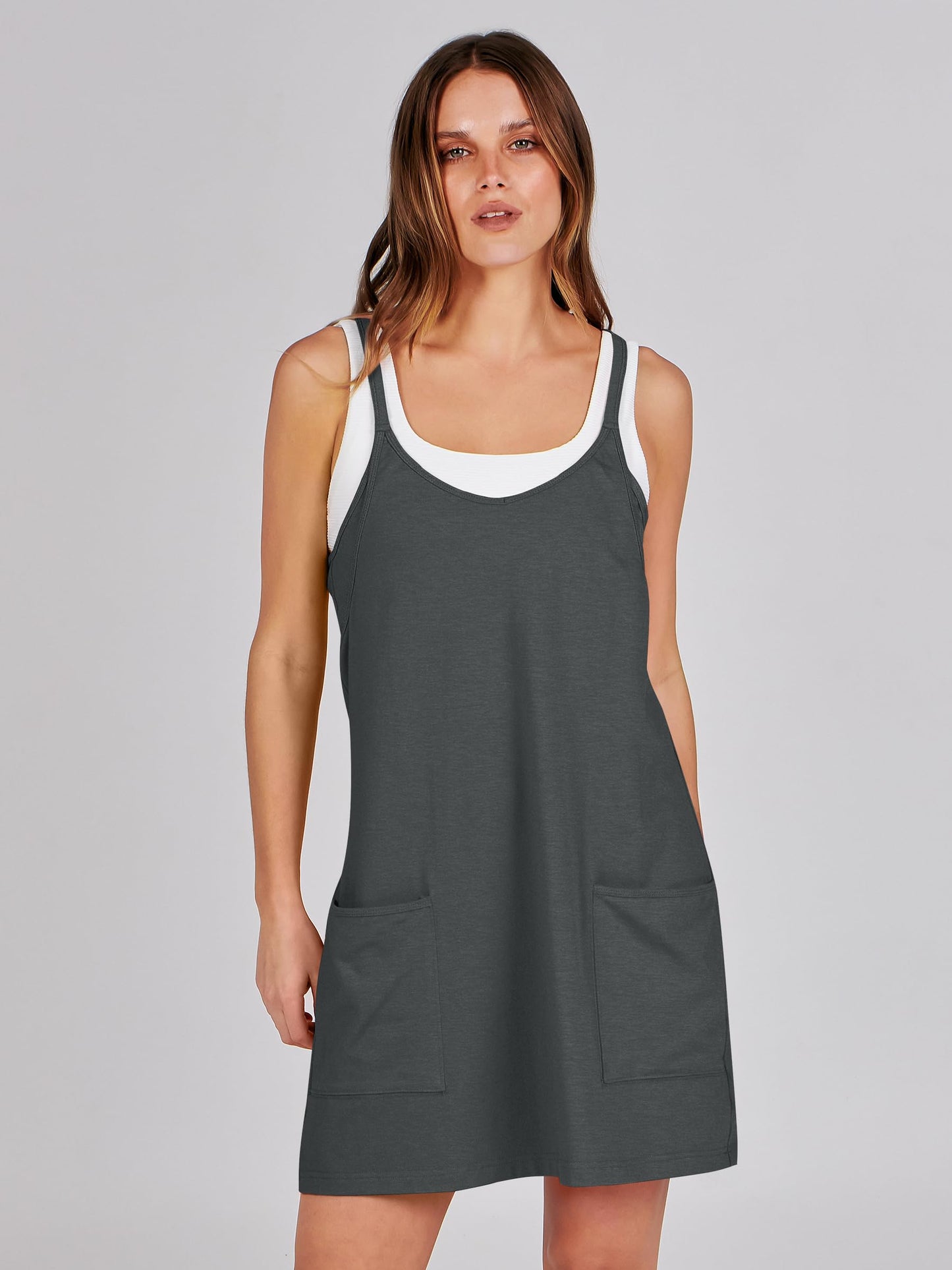 ANRABESS Women Athletic Dress Summer Tennis Workout Active Sports Mini Romper Dress Built in Shorts Travel Vacation Clothes Deep Gray Small