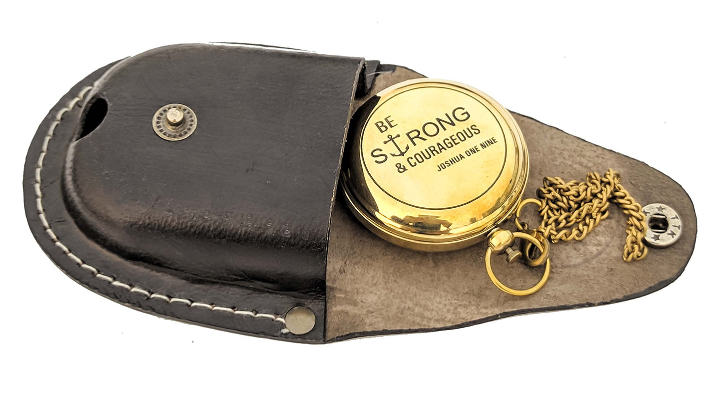 KNB HANDICRAFT Brass Engraved Pocket Compass with Leather Case | Be Strong and Courageous Gift Compass, Push Button 5 cm Confirmation Ideas, Baptism Gifts