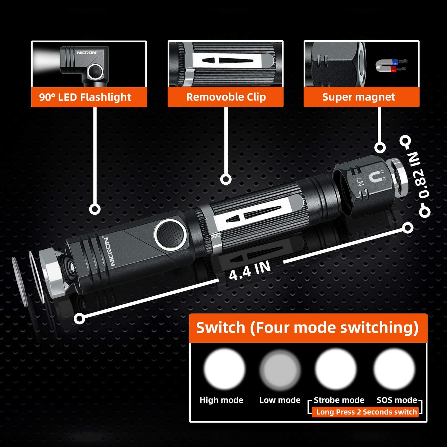 Flashlight, NICRON N7 600 Lumens Tactical Flashlight, 90 Degree Ip65 Waterproof Led Mini Flashlight 4 Modes- Best High Lumens Are For Camping, Outdoor, Hiking （Not including Batteries）Gift