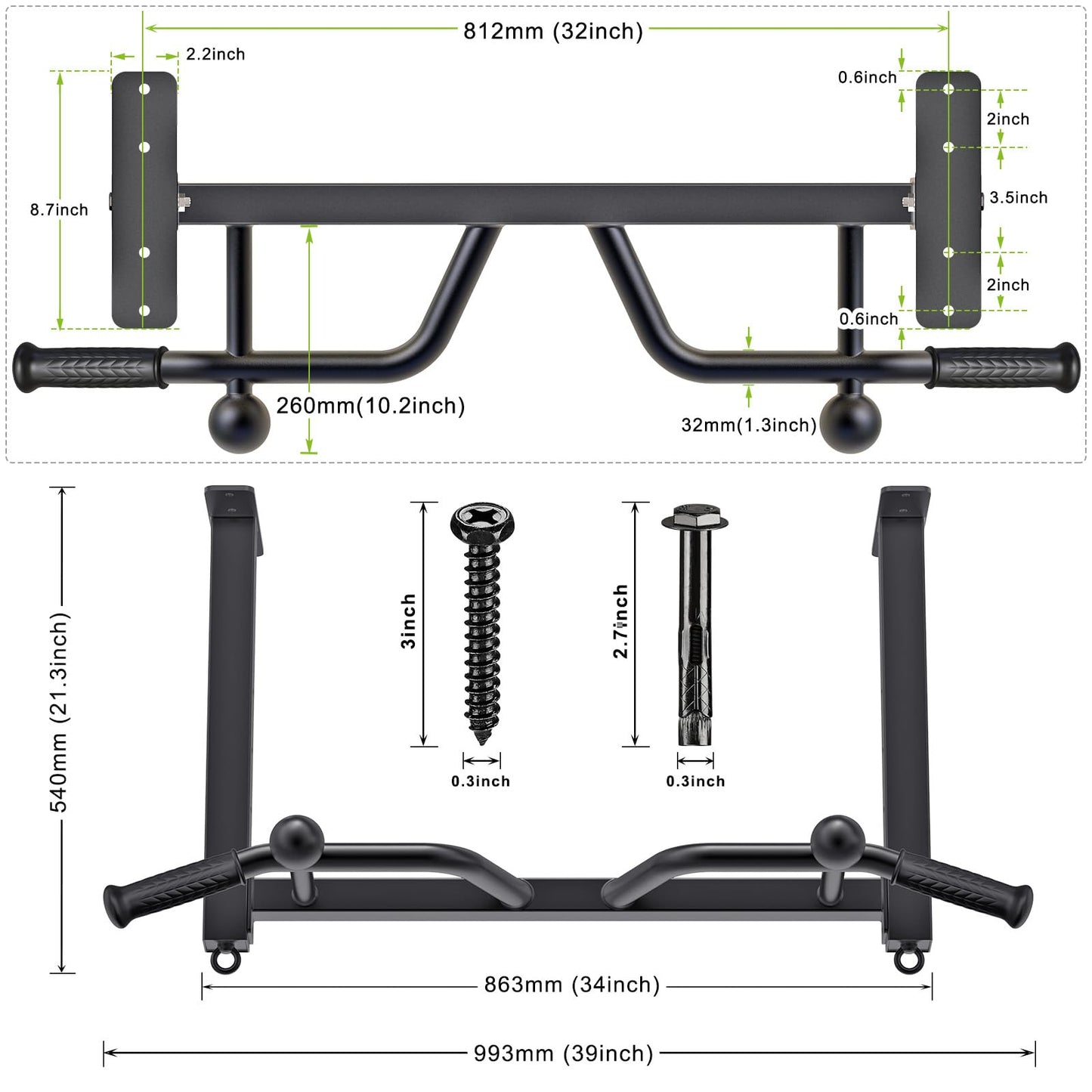 Kipika 32" Ceiling Mounted Pull Up Bar - Heavy Duty, Highly Adjustable, Multifunctional - Home Gym System with Punching Bag Hanger and Resistance Bands Training