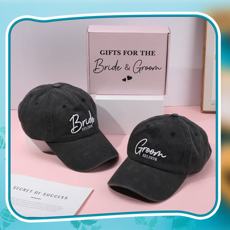Zhamate Bride and Groom Hats for Wedding Gifts 2026 Adjustable Embroidered Engagement Honeymoon Newlyweds Baseball Caps for Couples Honeymoon Anniversary Black