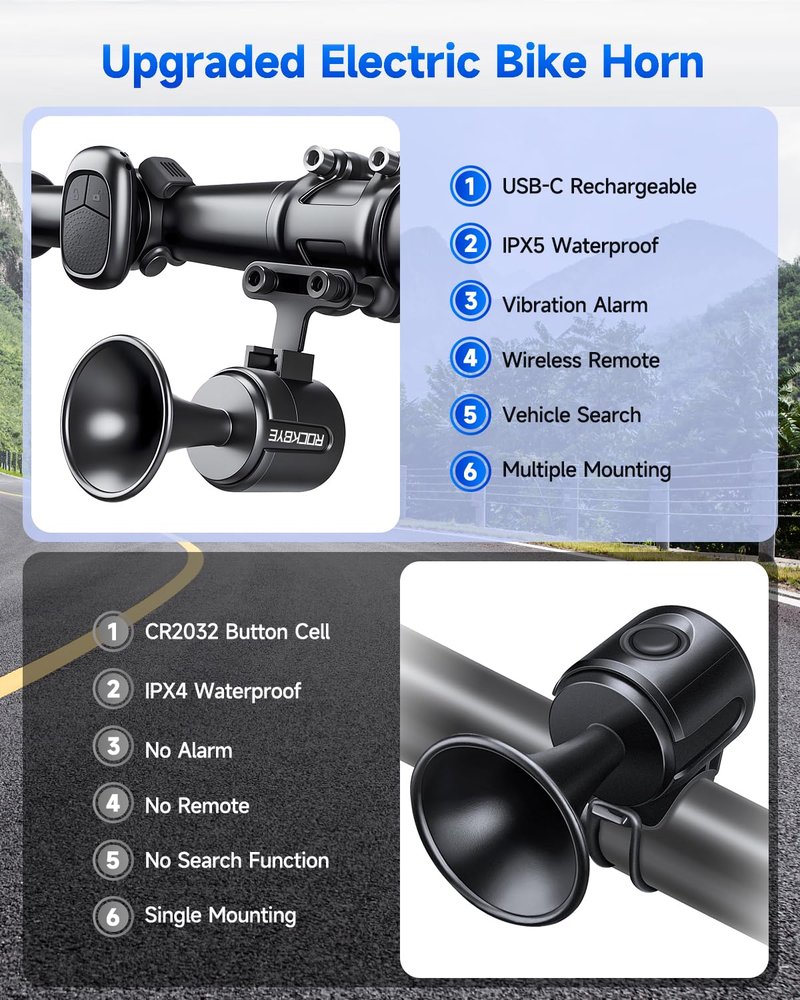 EQIIO Electric Bike Horn with Anti Theft Alarm, 120dB Loud Bicycle Horn Rechargeable Vibration Sensor Alarm with Wireless Remote, Bike Bell for Adults Kids Bike/Scooter/Ebike, IPX5 Waterproof