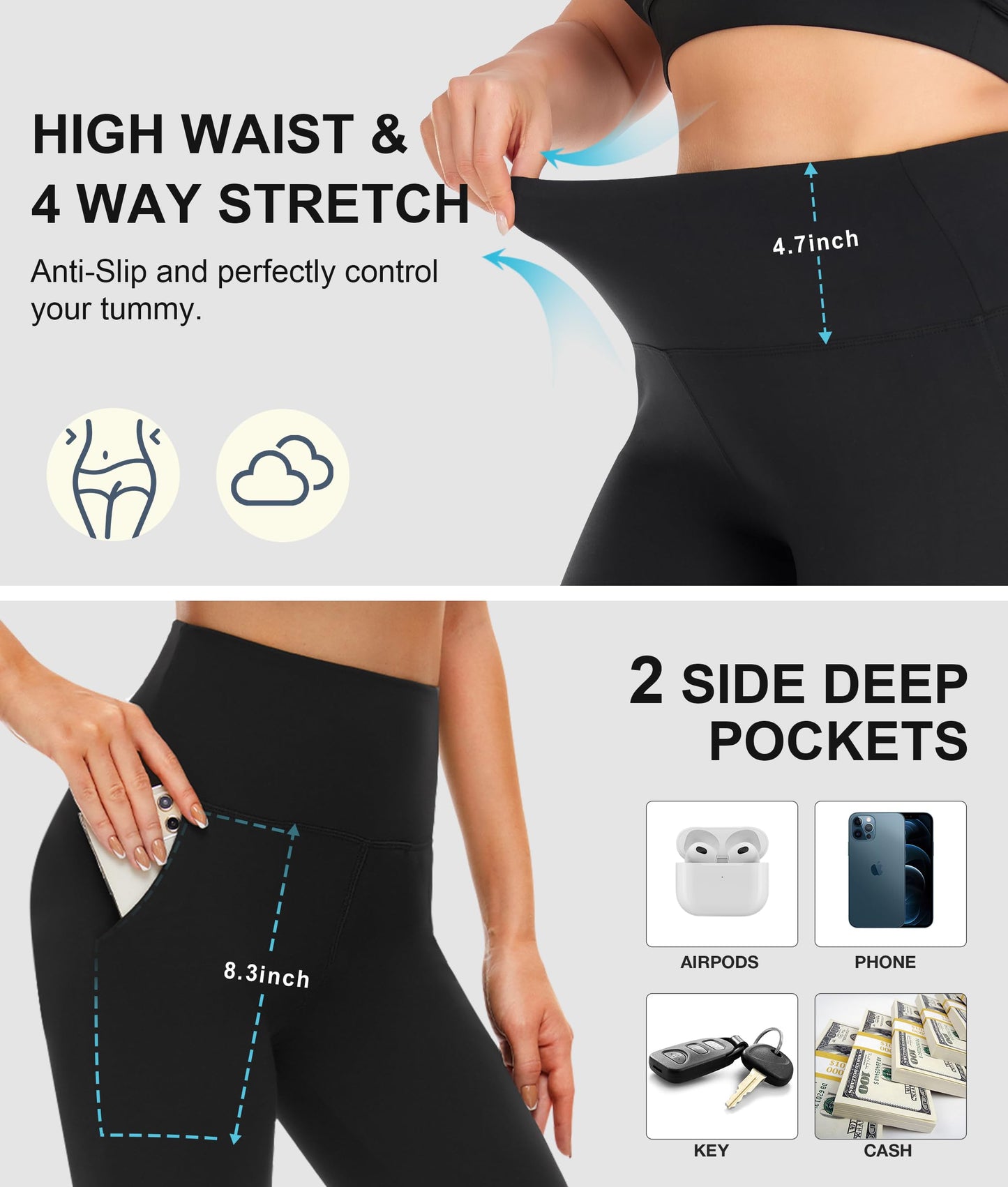 Capri Leggings for Women with Pockets,High Waisted Yoga Pants Tummy Control Black Leggings Workout Capris Womens Leggings with Pockets Buttery Soft Stretch Yoga Leggings for Cycling Running Athletic