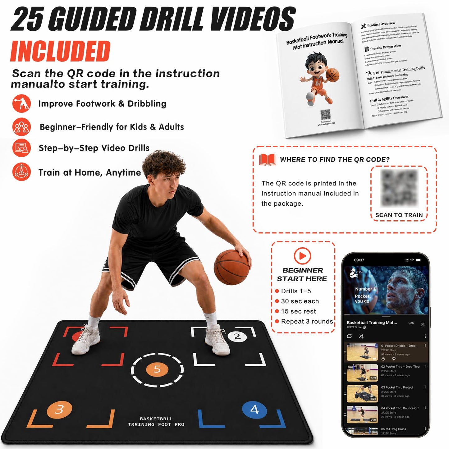 2F22E Presents Basketball Footstep Training Mat, Basketball Footwork Mats for Training, Basketball Train Mat for All Levels - Portable Non-Slip Equipment to Enhance Agility, Jumps and Control