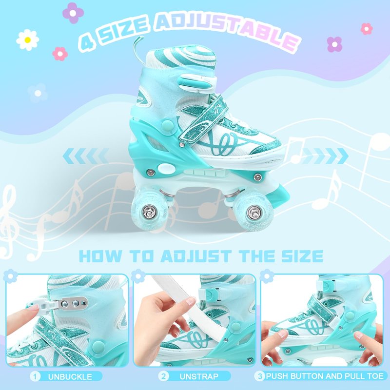 Roller Skates for Kids, Adjustable Quad Skates for Girls and Boys Ages 12-14 with Light Up Wheels, Children Beginners Rollerskates Size 5 6 7 8 Green for Indoor Outdoor