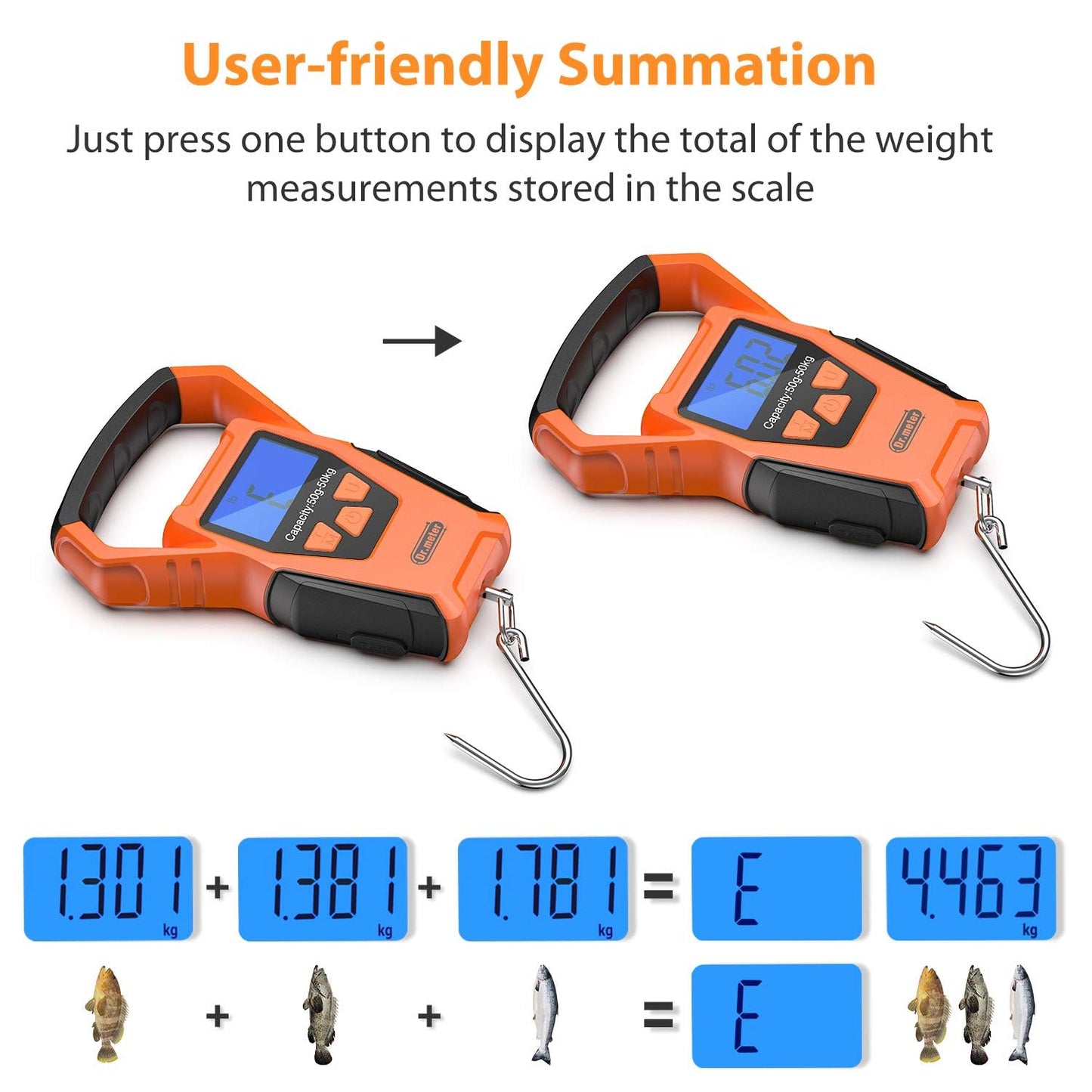 Fish Scale Waterproof - Digital Hanging Luggage Weight Scale with Backlit LCD Display | 110lb/50kg Capacity, Built-in Tape, Upgraded Handle
