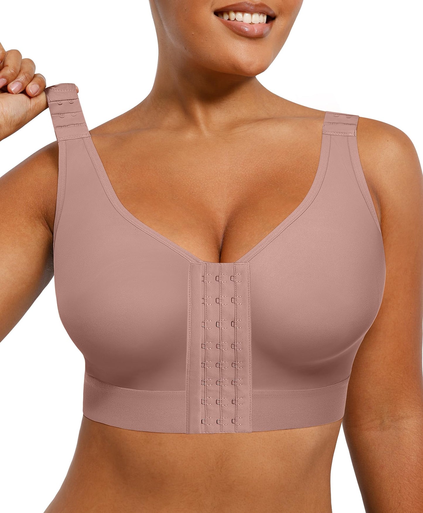 SHAPELLX Front Closure Bra for Women Post Surgery Compression Bra Post Op Support with Adjustable Straps Wirefree Brown