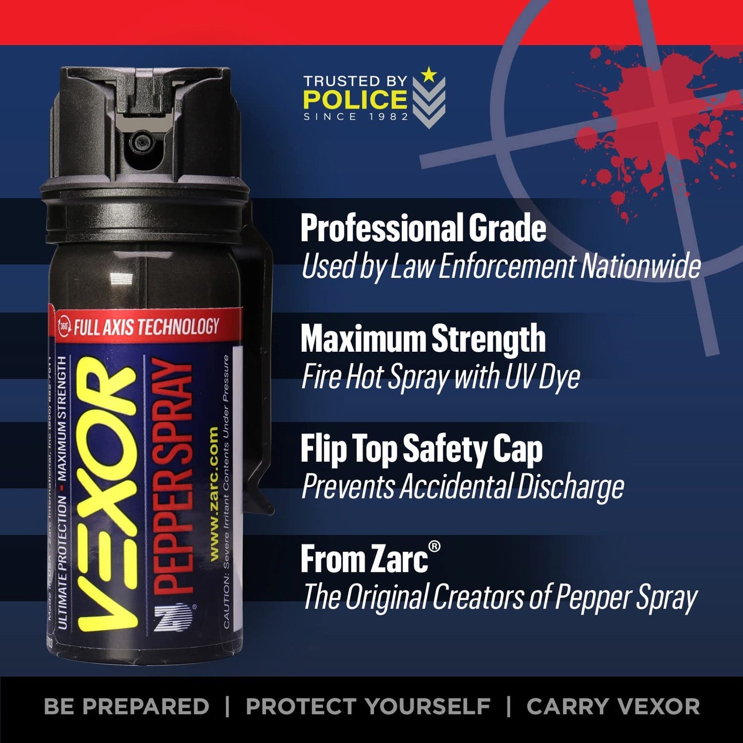 Vexor Pepper Spray Full Axis with Belt Clip for Self Defense — 6 Pack, Maximum Police Strength, 20-Foot Range, Full Axis (360°) Capability, Flip Top Safety for Quick and Accurate Aim and Protection