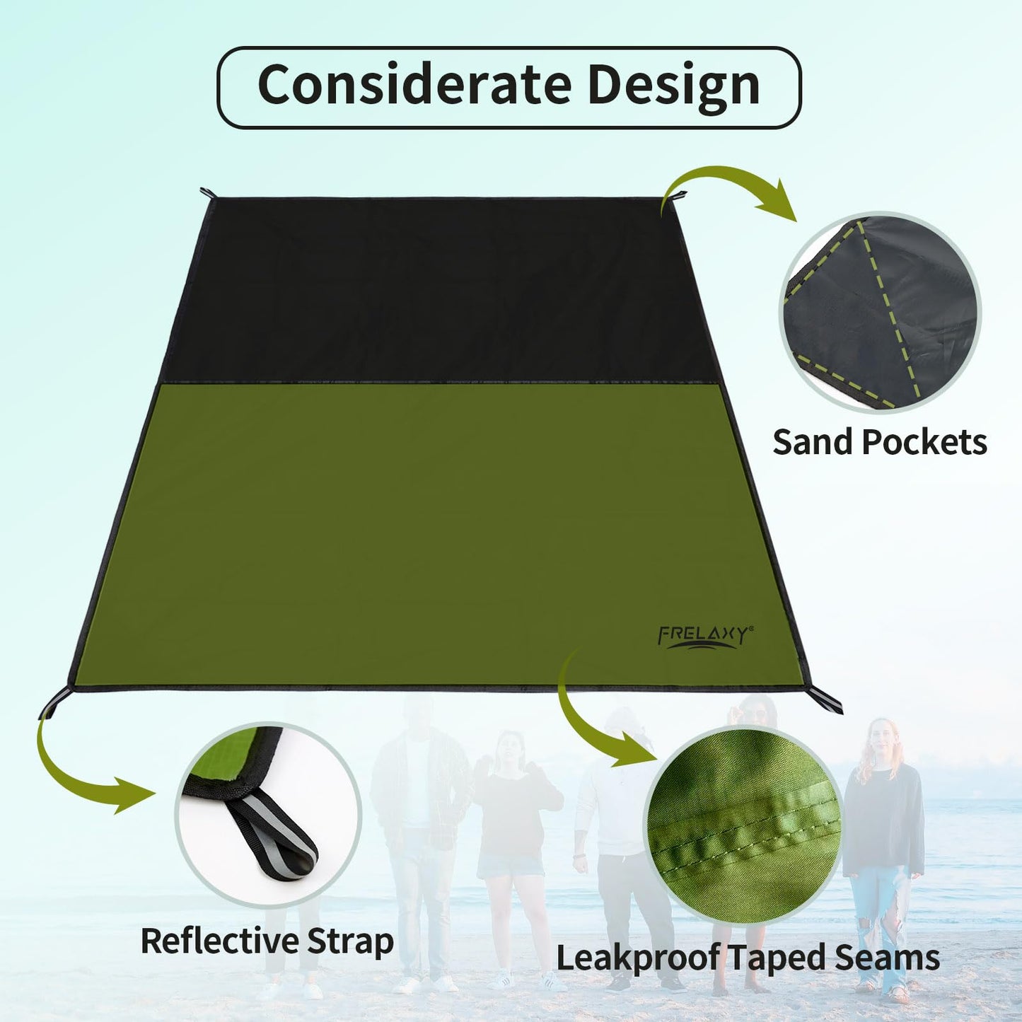 Frelaxy Pocket Picnic Blanket, Waterproof Beach Blanket, Compact Camping Blanket, Lightweight Outdoor Blanket for Beach Festival Camp Picnic Hiking Travel (Army Green, 57'' x 71'')