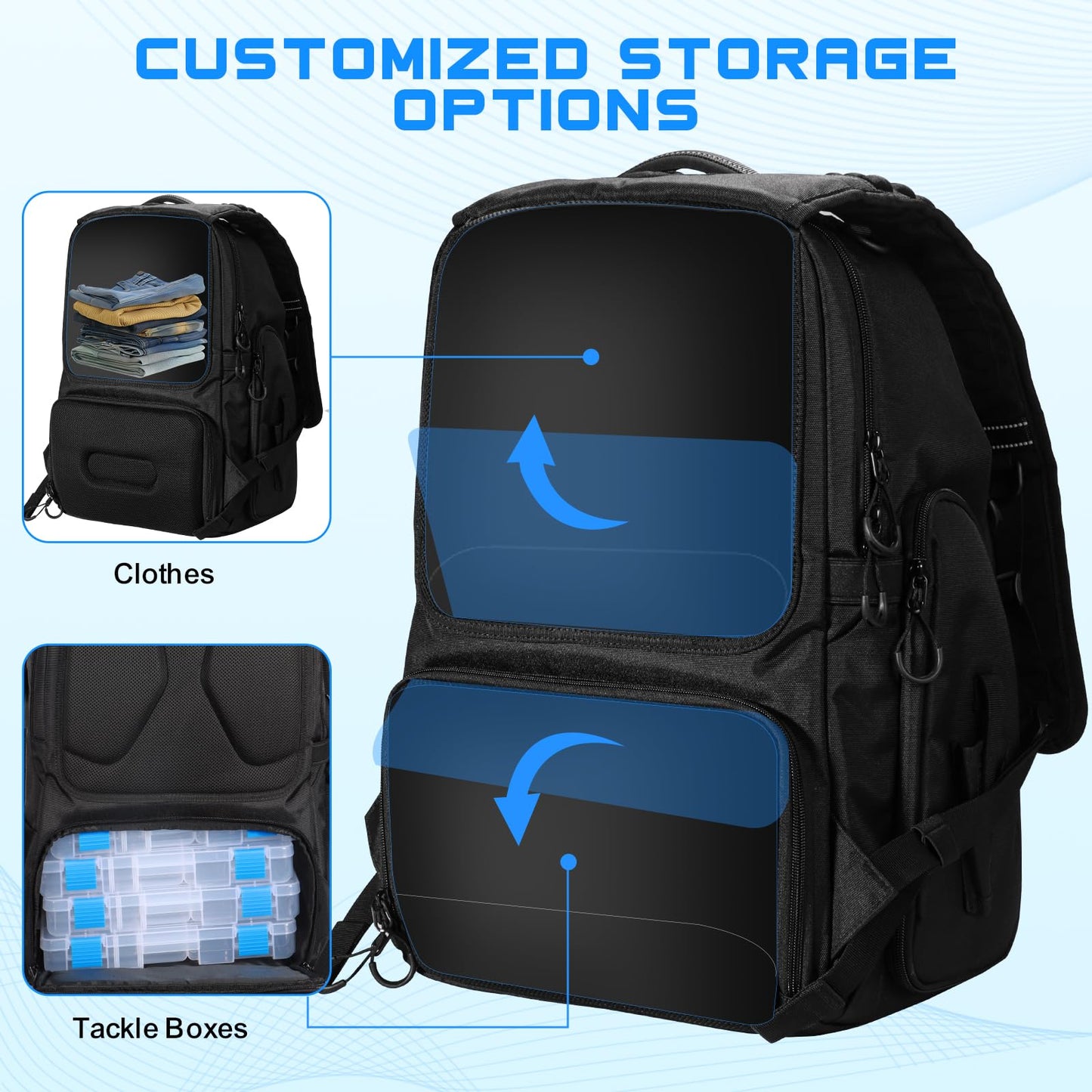 BAIXIXIG 50L Fishing Tackle Backpack with Removable Lure Wraps,2 Rod Holders Storage Fishing Gear and Equipment
