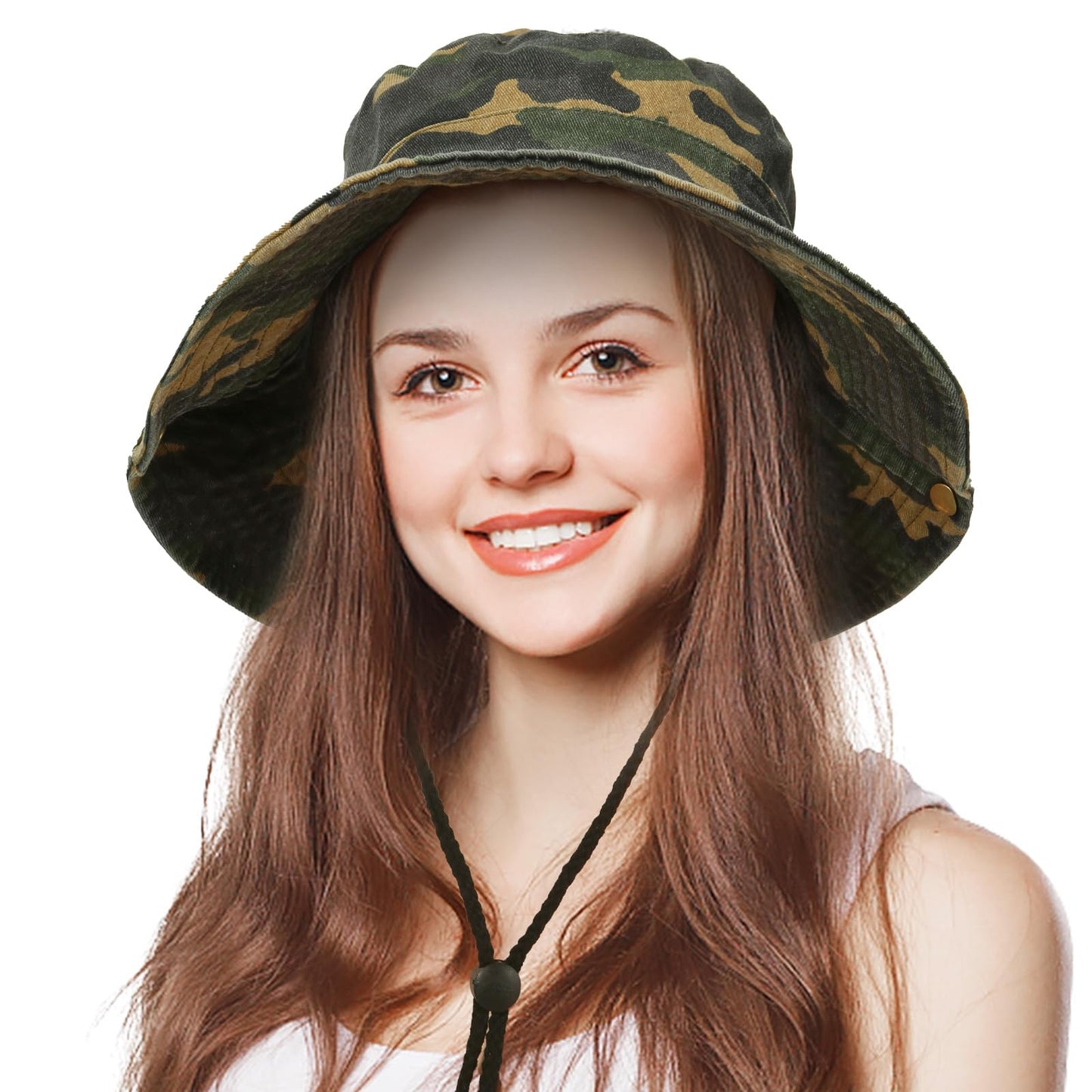 Men's Bucket Hat Camo Outdoor Sun Protection, Breathable Quick-Dry Fishing Gardening Hiking Hat with Neck Flap & Adjustable Chin Strap, UPF50+100% Cotton Wide Brim (Green Camouflage hat)