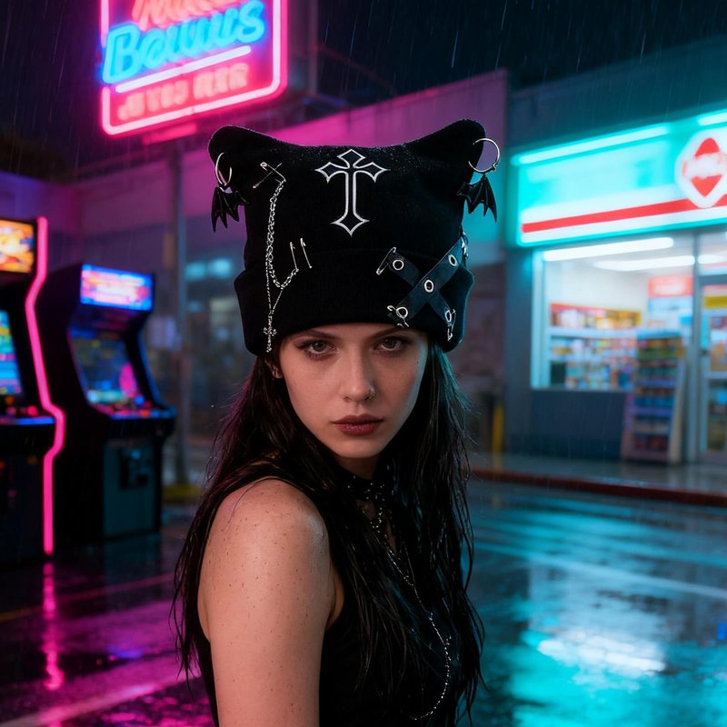Y2K Gothic Grunge Hat - Cat Ear Bat Wing Black Beanie with Ears Cross Chains, Emo Punk Knitted Skull Cap for Women, Streetwear Goth Hat with Ears