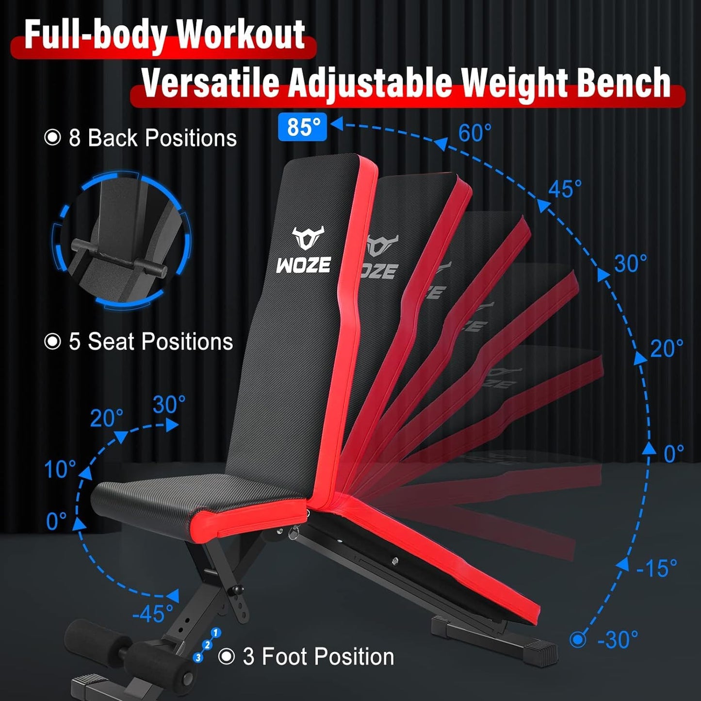 WOZE Weight Bench, Adjustable Workout Bench for Full Body Strength Training, Foldable Bench Press Multi-Purpose Decline Incline Bench for Home Gym - New Version