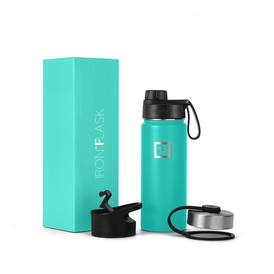 IRON °FLASK Sports Water Bottle - Wide Mouth with 3 Spout Lids - Stainless Steel Gym & Outdoor Bottles for Men, Women & Kids - Double Walled, Insulated Thermos, Metal Canteen - Aquamarine, 18 Oz