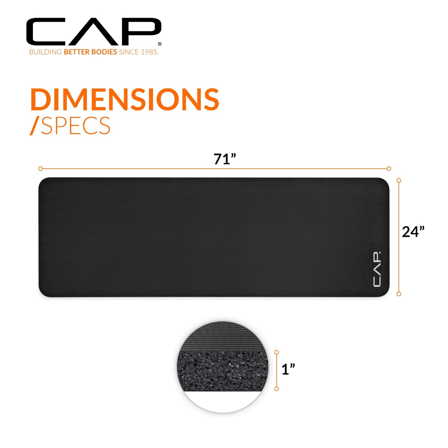CAP Barbell Yoga Mat 1" Thick with Carrying Strap - High Density Exercise Mat for Yoga, Pilates, Stretching, Floor & Fitness Workouts - 74''x24''x1 | Black