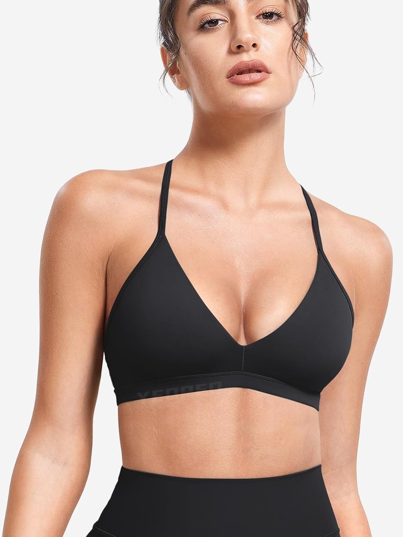 CoreFlex Sports Bras for Women - Strappy Padded Halter Design | Light Impact Deep V Neck Yoga Tops