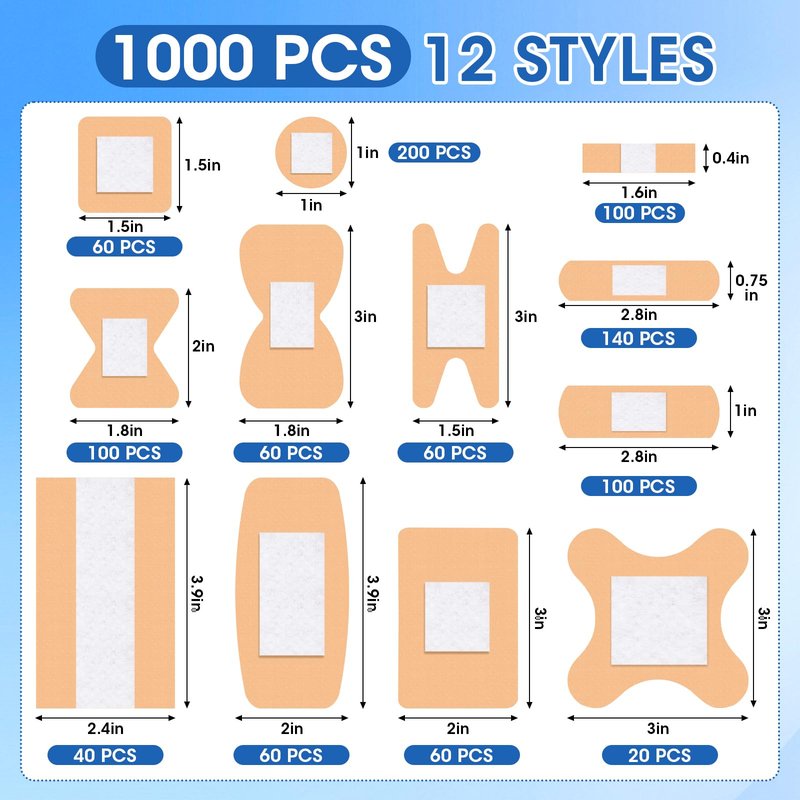 CXYARY 1000 Counts Assorted Bandages Bulk Variety Pack,12 Styles Flexible Heavy Duty Waterproof Bandages Individually Wrapped Used for Emergency Treatment and Skin Wound Care, Latex Free