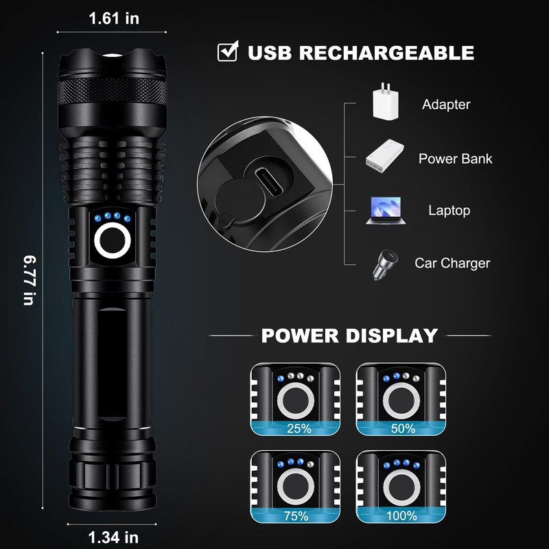 Lylting 4 Pack Rechargeable LED Flashlights High Lumens, 99,000LM Super Bright Flashlight, Adjustable Powerful Flash Light with USB Cable & 5 Modes, Waterproof Handheld Flashlight for Home Camping