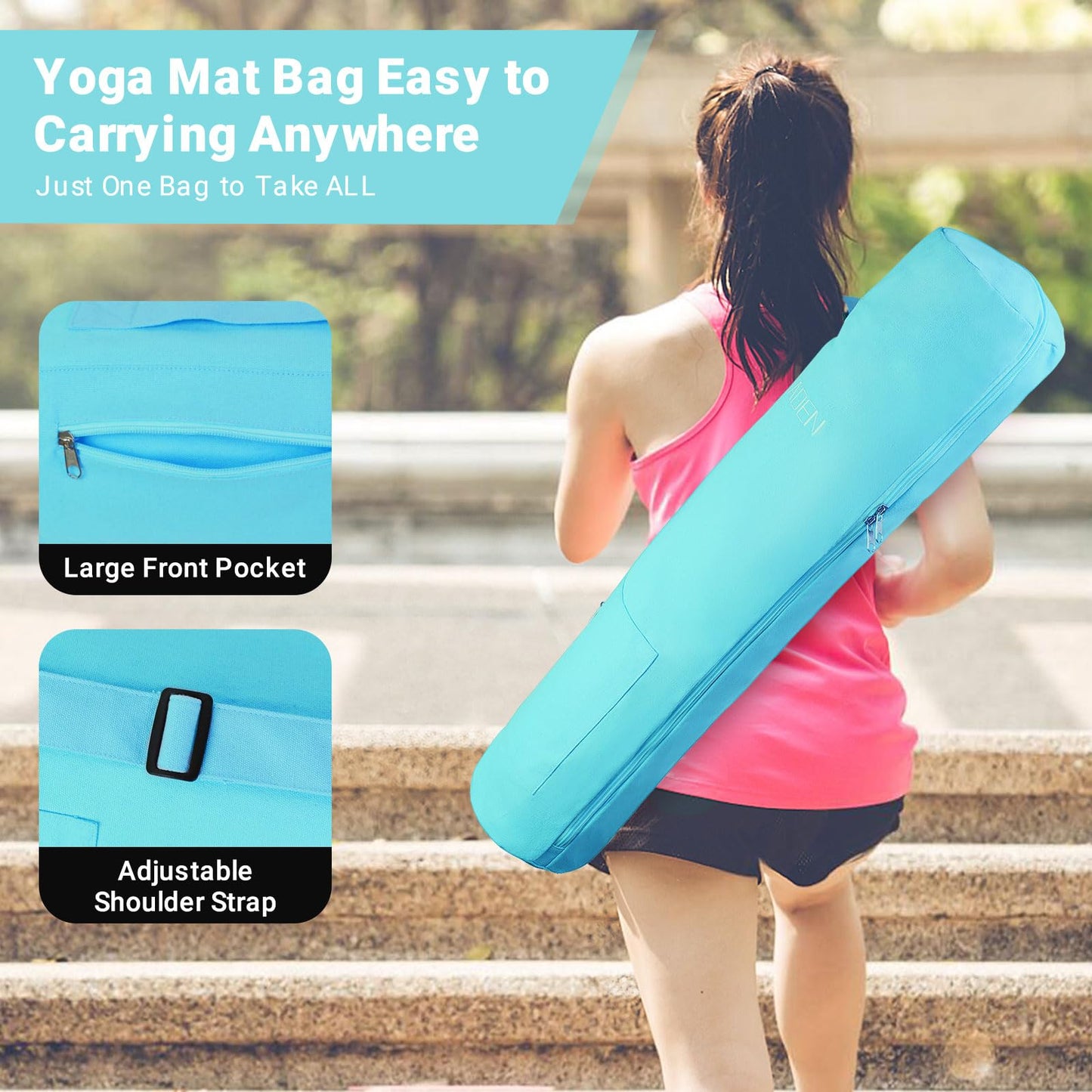 Yoga Mat Bag, Canvas Yoga Mat Bag Carrying Bag with Multi-Functional Storage Pockets, Adjustable Strap & Full-Zip Exercise Yoga Mat, Fits Gym, Class, Beach Park, Travel for Women & Men (Blue)