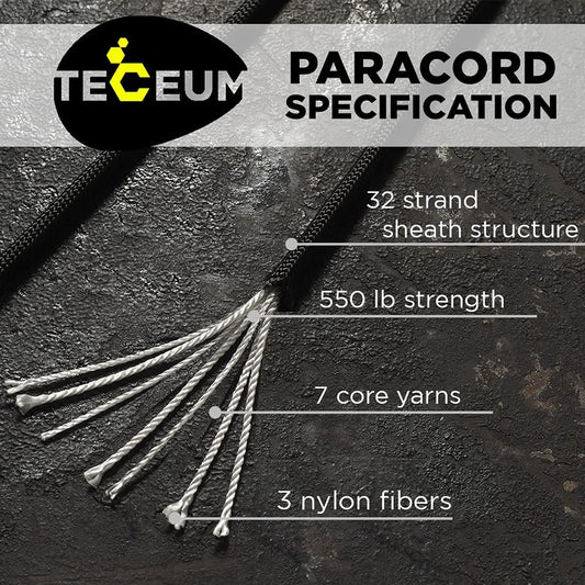 TECEUM Paracord Type III 550 Black – 50 ft – 4mm – Tactical Rope MIL-SPEC – Outdoor para Cord –Camping Hiking Fishing Gear and Equipment – EDC Parachute Cord – Strong Survival Rope 016
