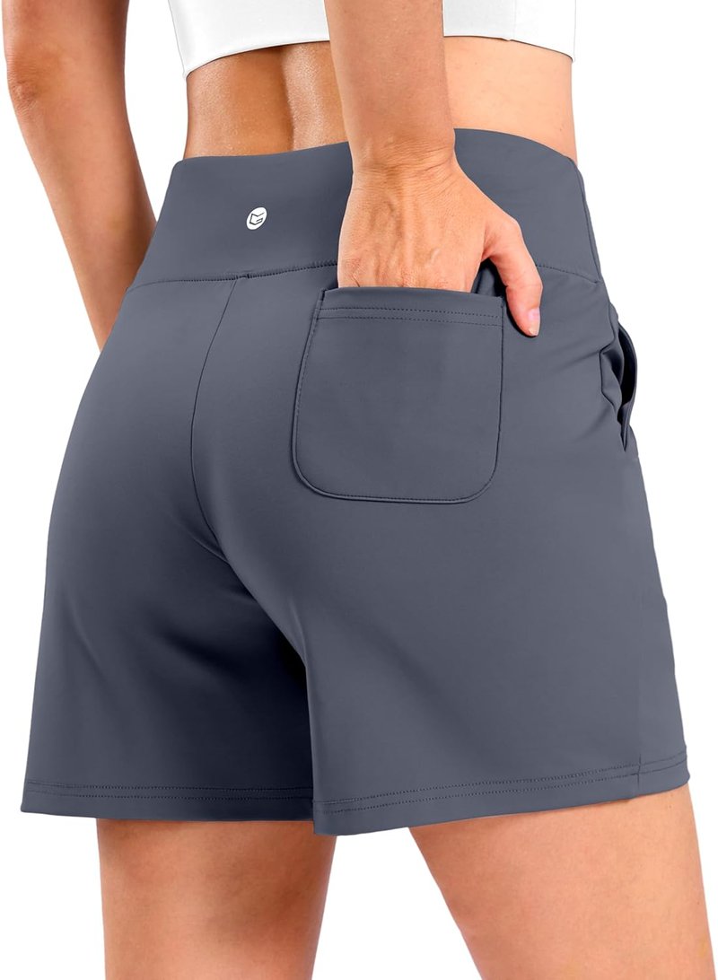 Women's Bermuda Long Shorts - High Waisted 9" Athletic Shorts with Pockets for Walking & Workouts