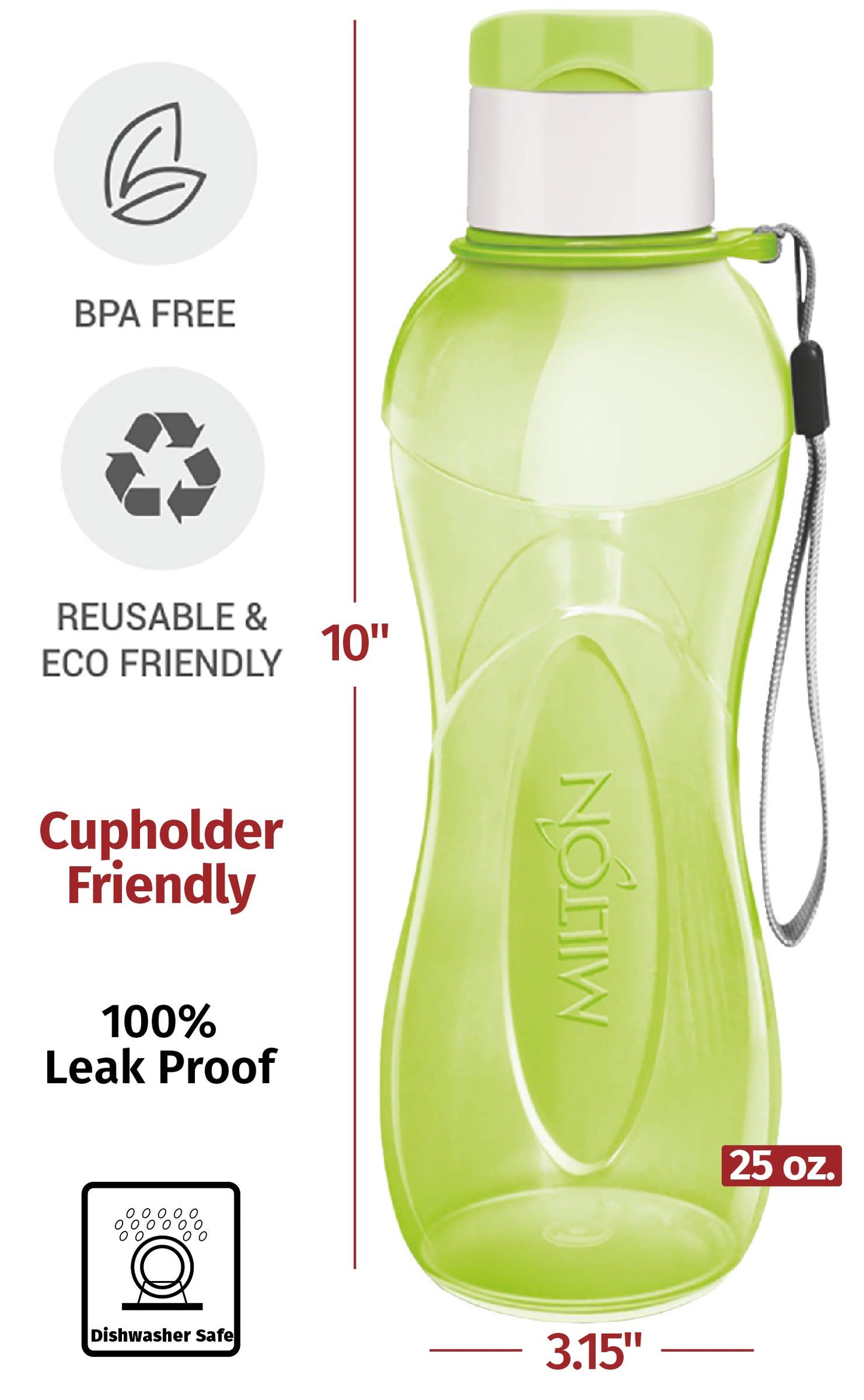 MILTON Sports Water Bottle Kids Reusable Leak-proof 25 oz 4 Set Plastic Wide Mouth Large Big Drink Bottle BPA & Leak Free With Handle Strap Carrier For Cycling Camping Hiking Gym Yoga