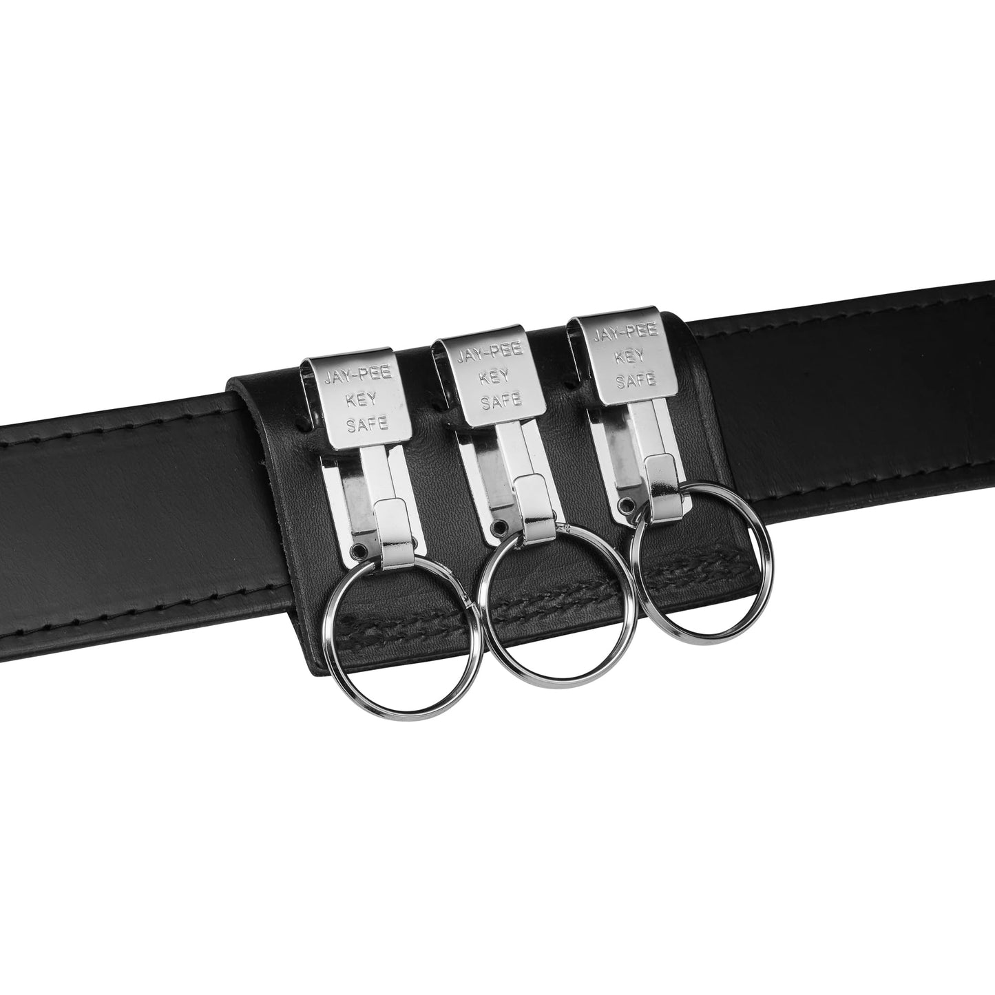 JAY-PEE Black Leather Duty Belt Key Holder, Officer Accessory, Law Enforcement Ring Carrier, Tactical Belt Loop Keychain Security with 3 Chrome Detachable Key Ring Safety Hook for up to 2.25" Belts