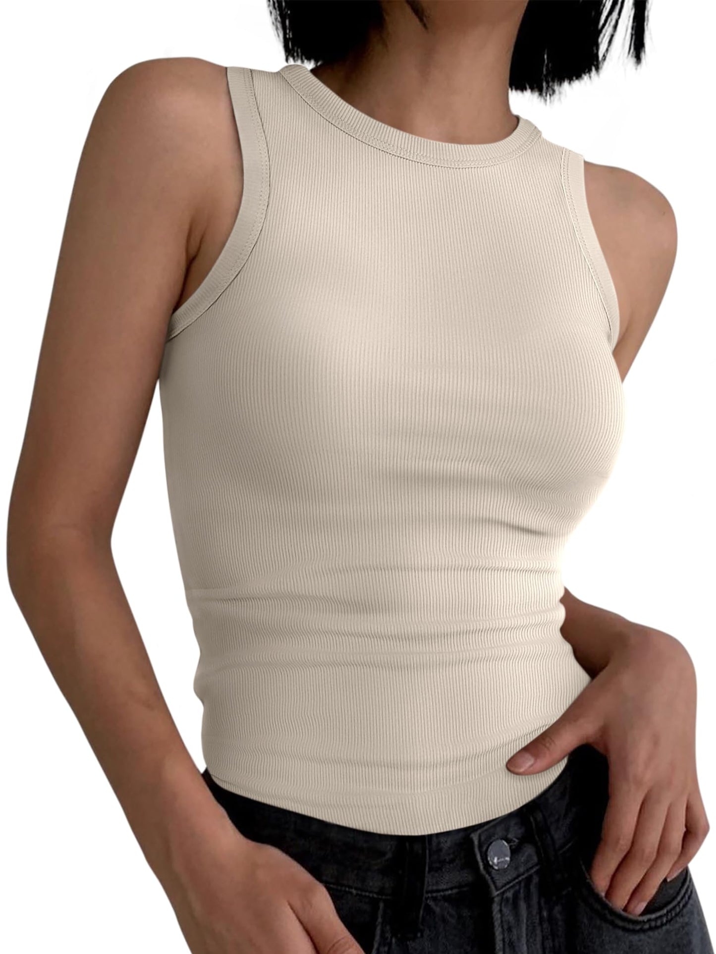 ANRABESS Womens Sleeveless High Neck Tank Tops Fashion Summer Casual Basic Slim Fit Ribbed Racerback Top Shirt Clothes Beige Medium