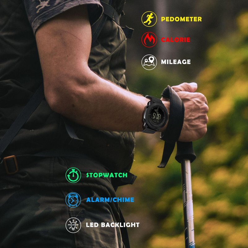 AVTREK Men's Digital Sport Watch - Army Military Compass, Altimeter, Barometer, Pedometer, Waterproof, Green