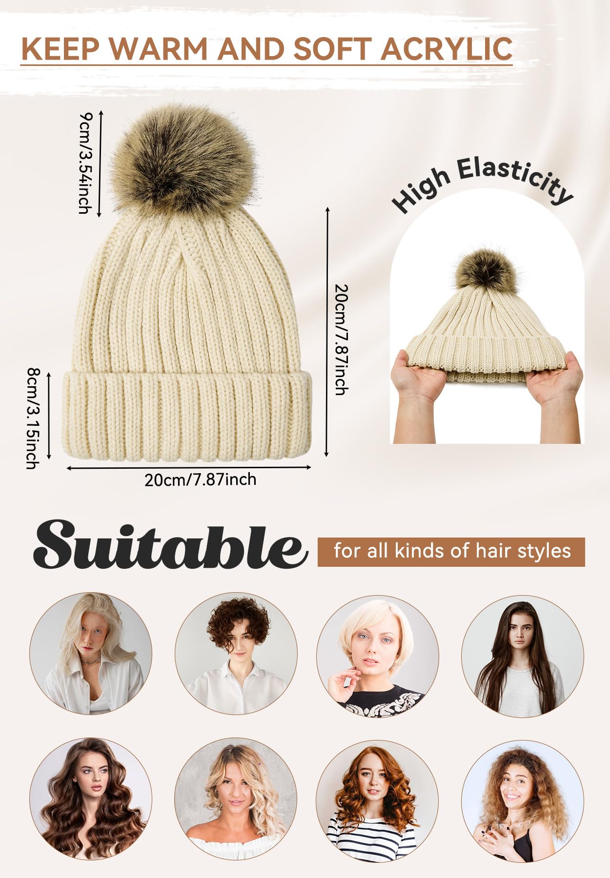 Zando Black Winter Satin Lined Beanie Hats for Women - Cute Pom Pom Beanie, Warm Winter Hat with Hair Protection, Thick Knit Beanies, Fashionable Stocking Cap for Outdoor Travel Daily Wear One Size