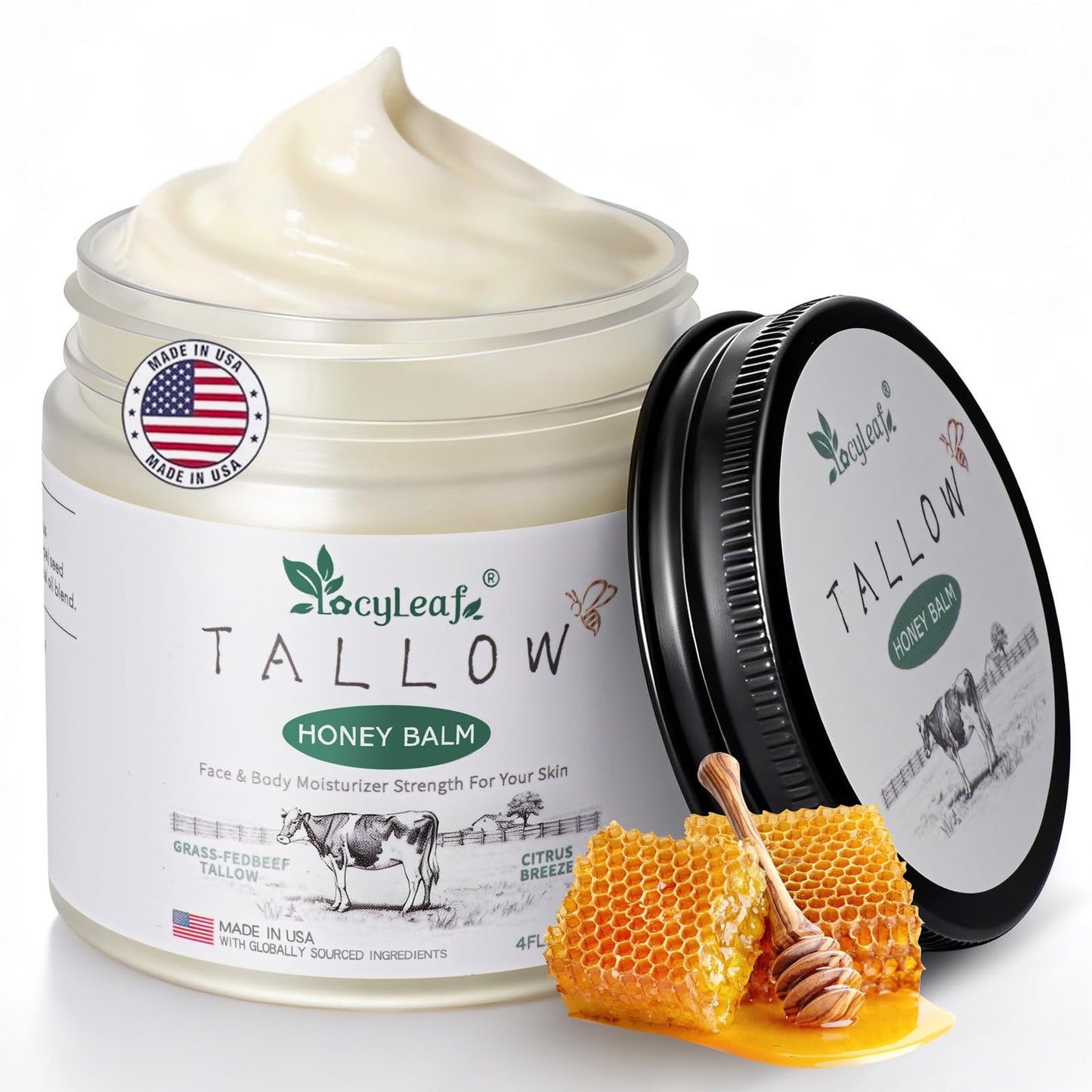 LOCYLEAF Beef Tallow for Skin, Organic Grass-Fed Beef Tallow Balm with Raw Honey, Natural Tallow Skin Care Cream Body Butter, Nourish and Soothe Dry Skin, Light Scent, Made in USA（4 Oz）