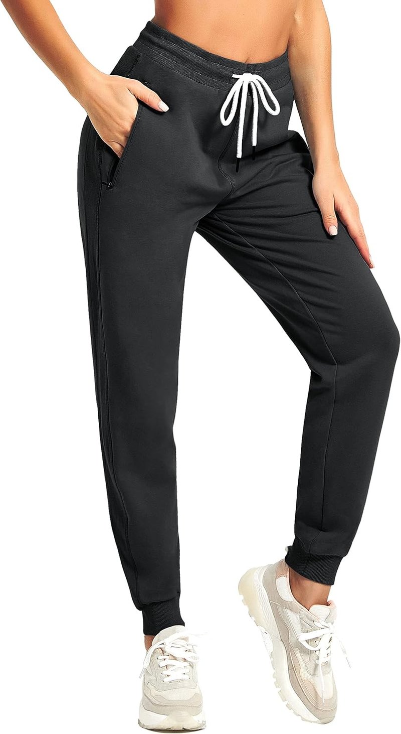 PULI Women's Cotton Jogger Sweatpants - Ribbed Lounge Pants with Zipper Pocket