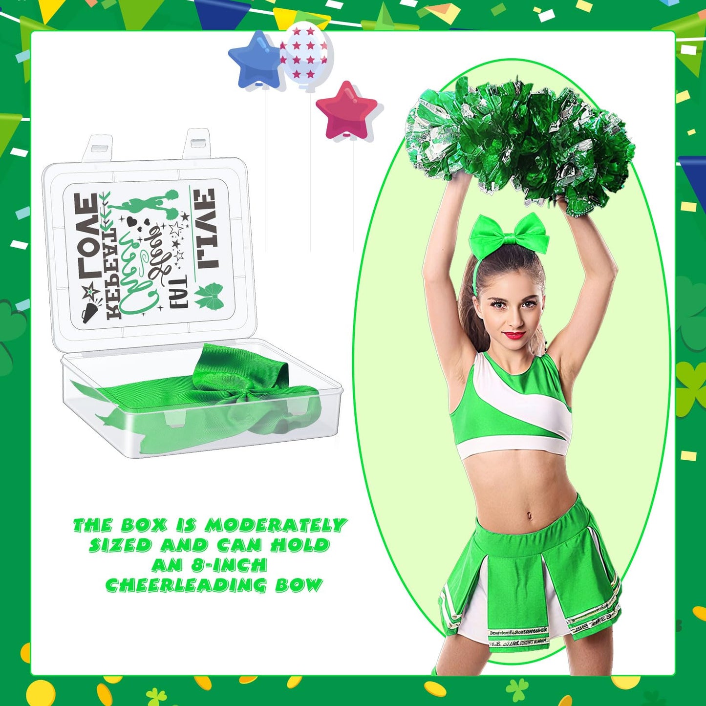 DoubleFill 12 Pcs Large Cheer Bow Box Plastic for Cheer Team Gifts Case Bulk Senior 2026 Sash Gift for Team Cheerleader Hair Accessories Organizer Bows Travel Storage for Women(Green and Black)