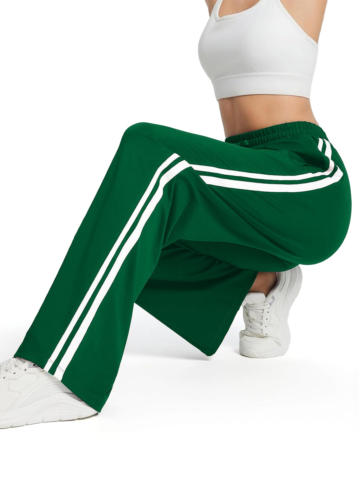 Tapata Tall Women 34" Inseam Warm Up Track Pants Wide Leg Sweatpants Lightweight Side Stripe Ladies Slacks Workout, Green, M