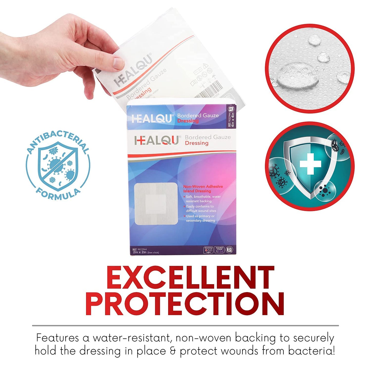 HEALQU Bordered Gauze Island Dressing - 50 Count, 2" x 2" Sterile Individually Wrapped Gauze Pads with Water-Resistant, Non-Woven Backing - Soft and Breathable Wound Dressing for First Aid and Medical