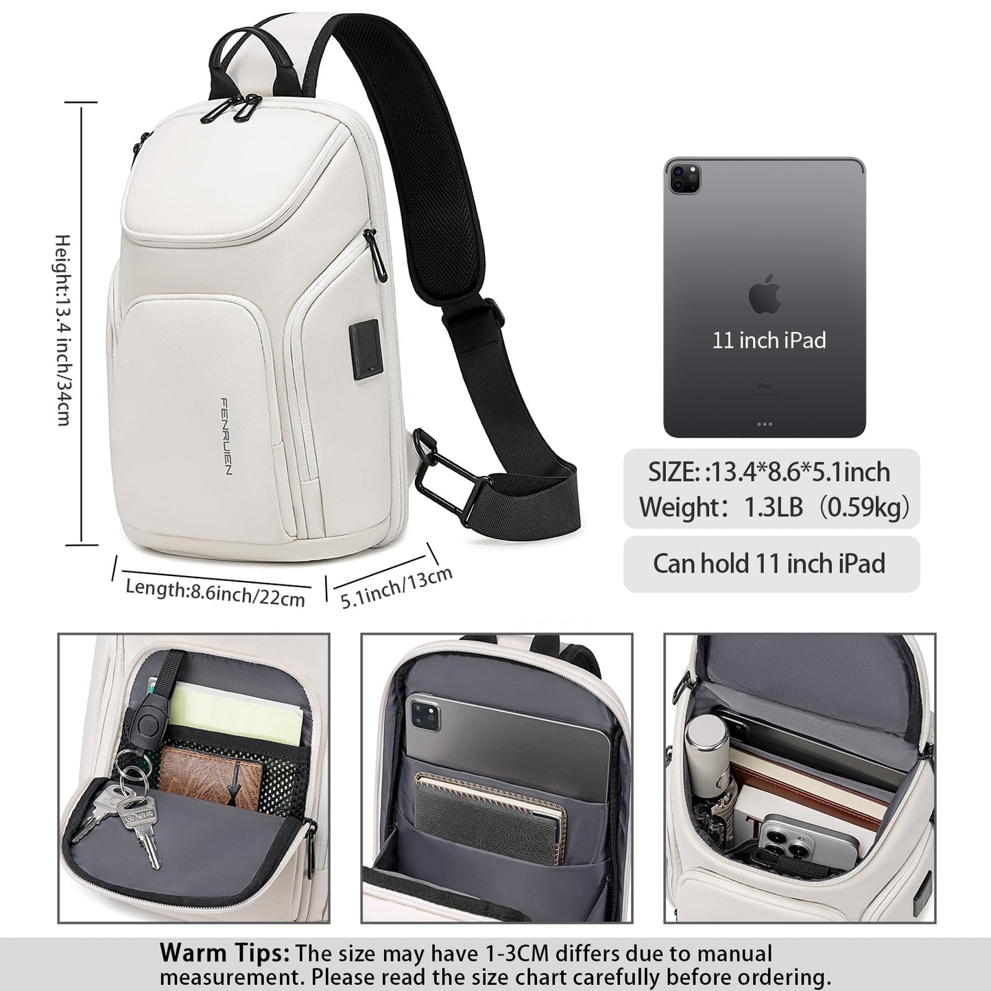 FENRUIEN Sling Bag for Women Men, Crossbody Sling Backpack with USB Charging Port, Daily Travel Hiking Sport Daypack Cross body Shoulder Chest Bag. (White)