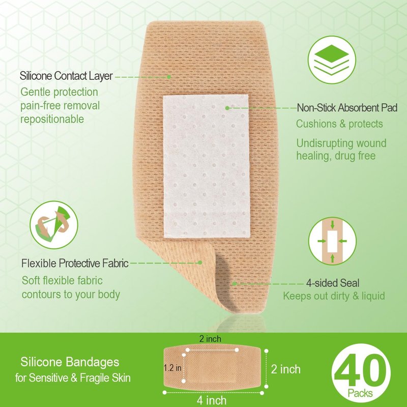 Silicone Bandages for Sensitive Skin - Hypoallergenic & Waterproof Wound Care | Large 2x4 Inch (40 Count)