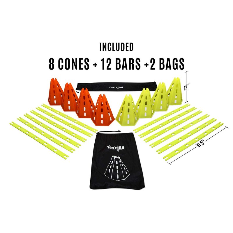 YES4ALL Agility Cones Hurdle Set 4 Green Cones + 4 Orange Cones + 12 Green Bars
