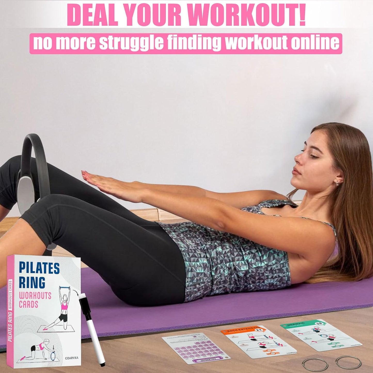 Pilates Ring Workout Cards - 58 Exercises & 4-Week Challenge | Includes 2 Rings & Mat for Home or Gym