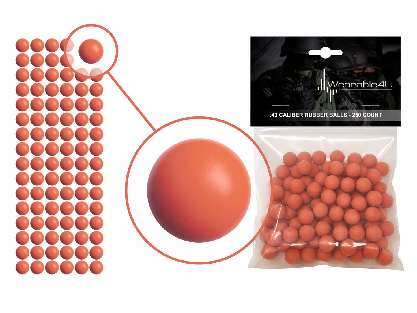 Wearable4U .43 Caliber Rubber Balls New Reusable Training Soft Rubber Balls for Paintball Guns (250 Rounds, Orange x 250)