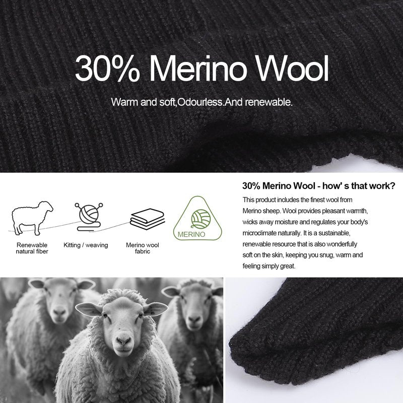 ZTL Unisex Merino Wool Beanie Hat with Ear Flaps Waterproof Windproof Warm Fleece Lined Winter Hat, Thermal Knitted Ski Cap for Women Men Black