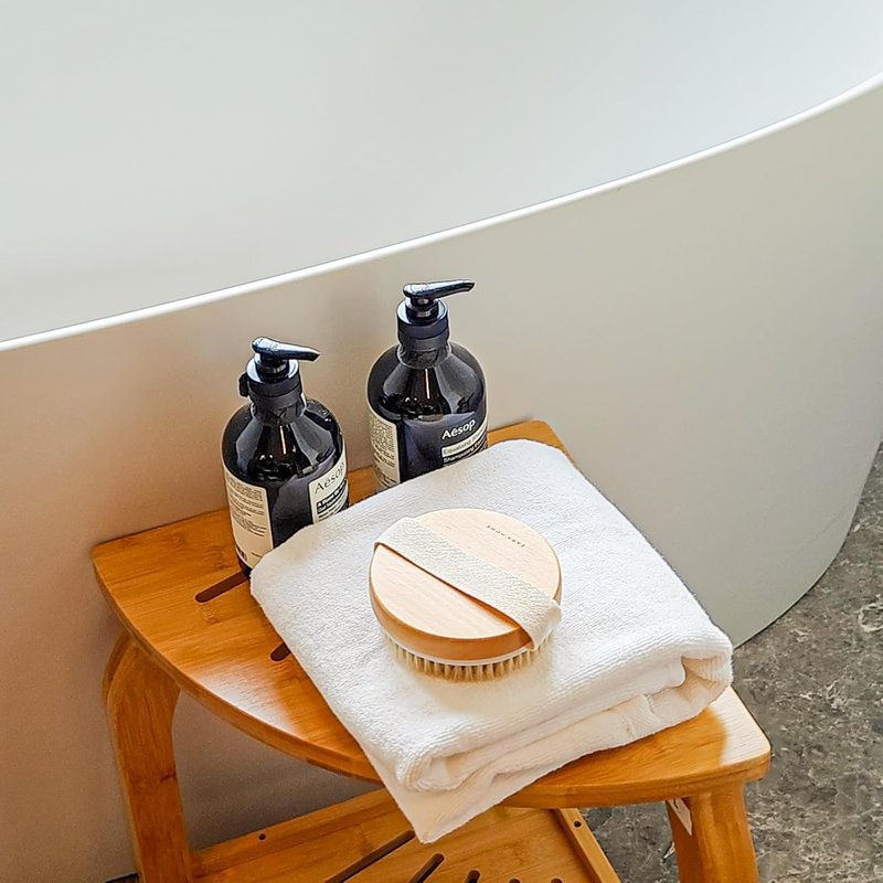 Bamboo Corner Shower Stool - Waterproof Bath Bench with Storage Shelf | Holds Up to 450 lbs