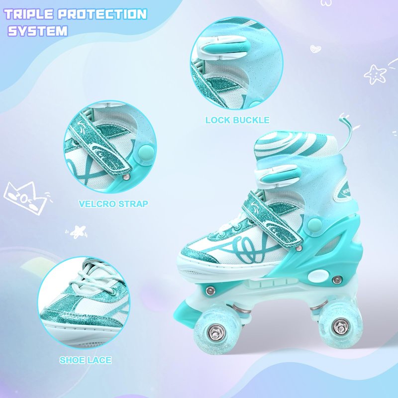 Roller Skates for Kids, Adjustable Quad Skates for Girls and Boys Ages 12-14 with Light Up Wheels, Children Beginners Rollerskates Size 5 6 7 8 Green for Indoor Outdoor