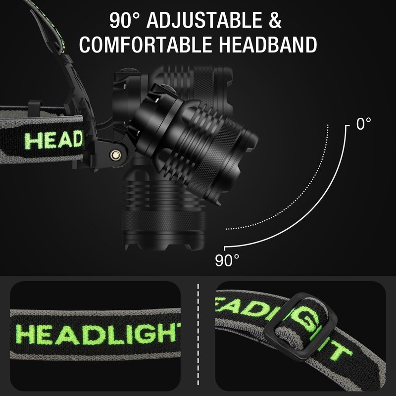 Kungf 3Pack Rechargeable Headlamp Super Bright, 99000 Lumens LED Head Lamp with 3 Modes, 90°Angle & Adjustable Focus Head Lights for Forehead, IPX6 Waterproof HeadLamps for Adults Camping Hiking