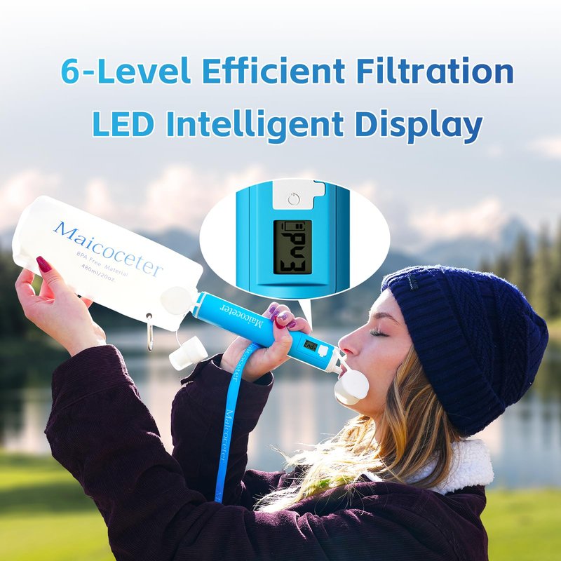 Maicoceter Water Filtration Straw Kit with LED Progress Display & 2 Gallon Bag, 0.1 Micron Portable Purifier for Hiking, Camping, Backpacking & Emergency Survival, Removes Contaminants