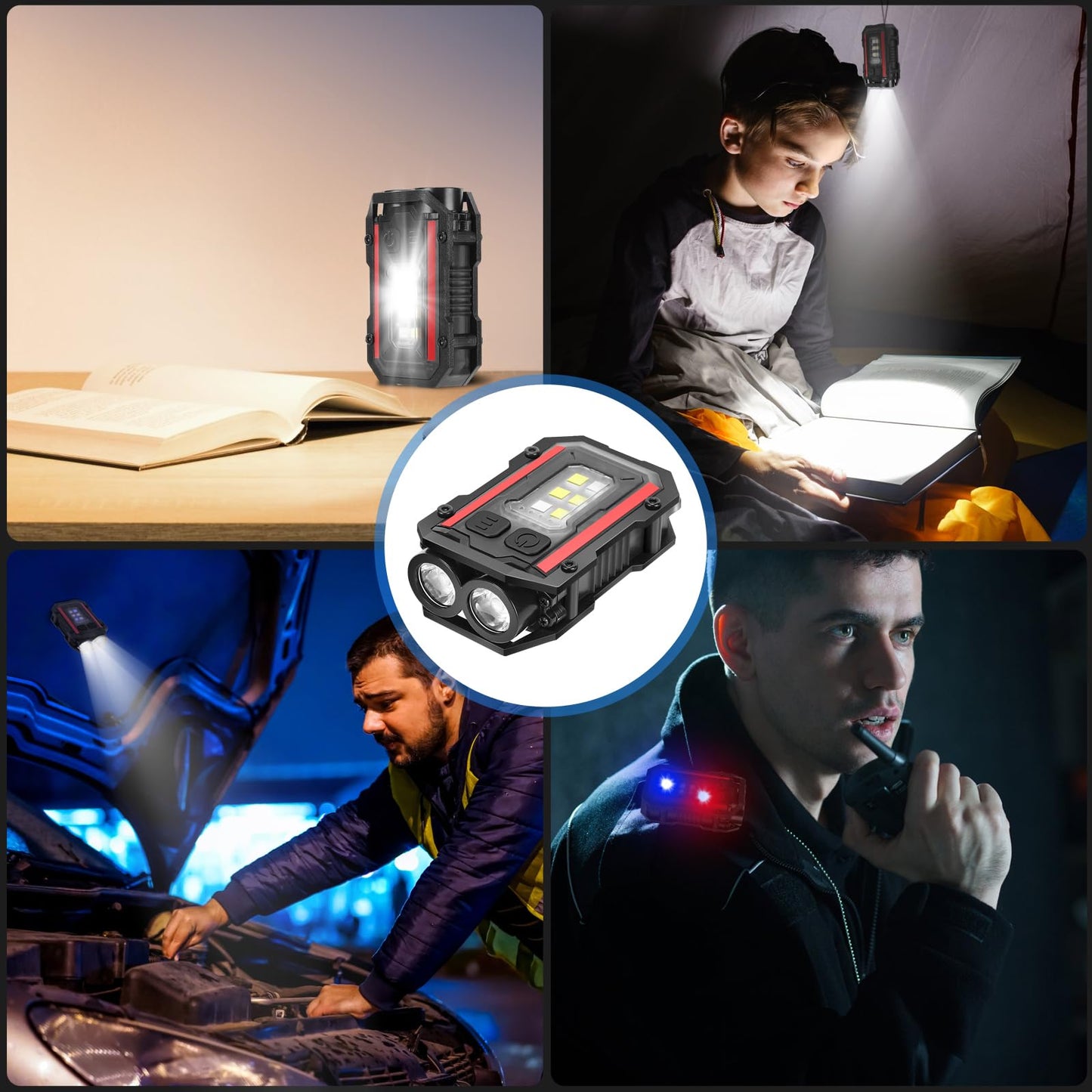 SUNPRO Mini Keychain Flashlight with Clip, 8 Modes Pocket Flash Light, Red Blue COB Side Light, Type-C Rechargeable for Hiking, Camping, Emergency (2, Balck+Black)