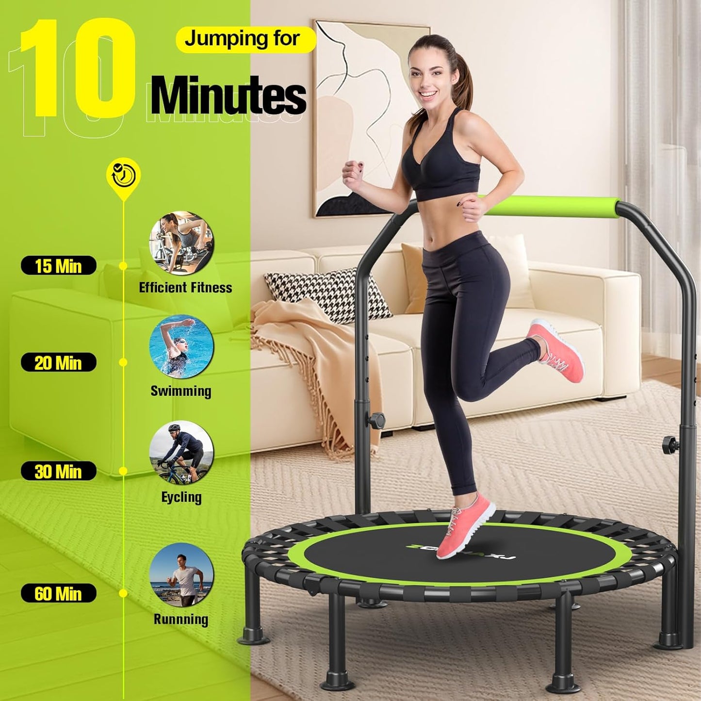 Foldable Mini Trampoline - 40"/48" Rebounder for Adults & Kids | 450lbs Capacity with Adjustable Bar for Indoor Fitness